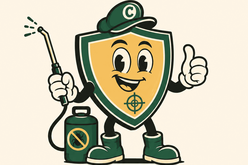 Croydon Pest Experts mascot holding a sprayer and giving a thumbs up